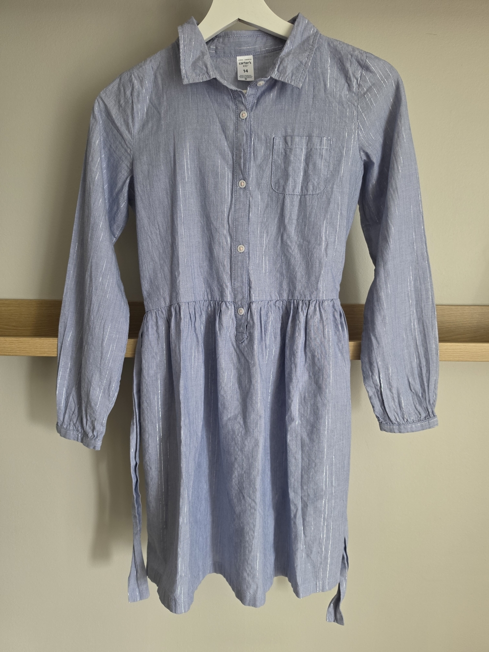 Carter's Light Blue Metallic Striped Shirt Dress with Tie Waist